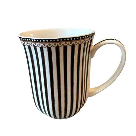 Grace Teaware Porcelain Coffee Mug Set of 2 Black & White Stripe Gold Accent New - Picture 10 of 16